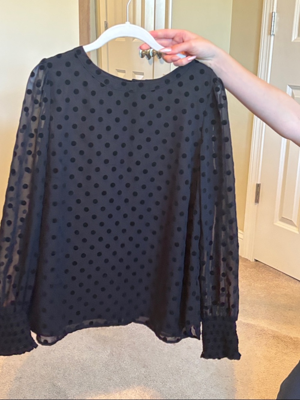 LOFT Black Sheer Polka Dot Long-Sleeve Blouse